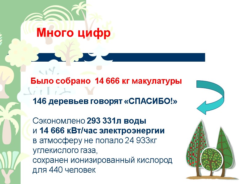 144 дерева было сохранено сэкономлено 288 129 л воды  и 14 406 кВт/час